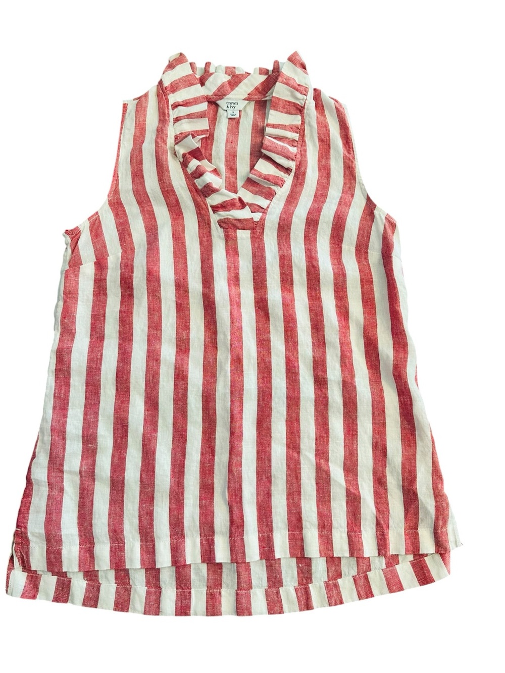 Crown & Ivy Sleeveless 100% Linen Top Womens Small Red and White Stripe - Preppy - Picture 2 of 4